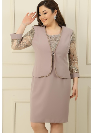 Pulpayet-tül Detaylı Astarlı Elbise Ceket Büyük Beden 2'li Takım-34868 Bej