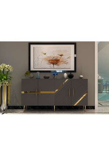 Pınar Konsol Tv Sehpası Çok Amaçlı Dolap 150 Cm Antrasit Altın