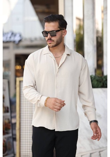 Tex Republic Erkek Krem Rahat Kesim Dokulu Oversize Salaş Aerobin Gömlek Krem