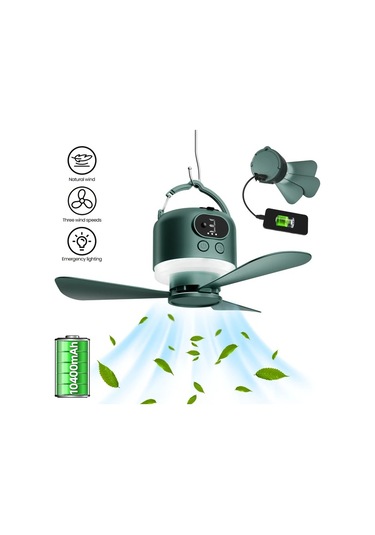 Chuangyinshop Koyu Yeşil 10400mah Şarj Edilebilir Taşınabilir Kamp Asılı Ventilatör Yelpazesi Uzaktan Kumandalı Sessiz Dört Hızlı Usb Şarj Özellikli Koyu Yeşil