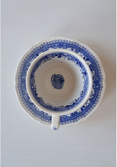 Vintage Burgenland Çiçek Desenli Antika Çay Fincanı Seti Mavi Mavi