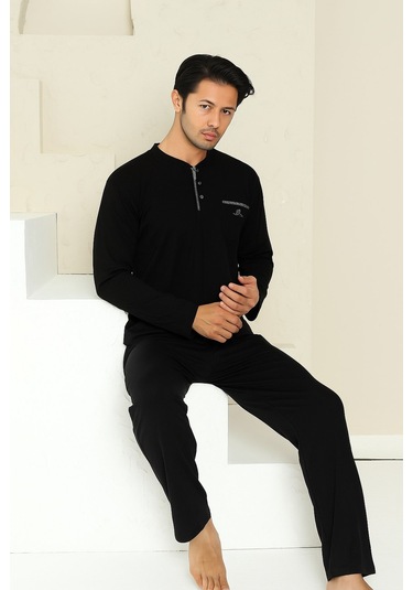 Erkek Siyah Bisiklet Yaka 3 Düğmeli Göğüs Cepli Pamuk Likra Mevsimlik Uzun Kol Cepli Pijama Takımı Siyah