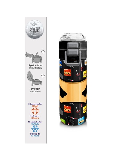 Coral High Kids Siyah Ninja Desenli Pipetli Ve Direkt İçim Çelik Termos 500 Ml 31919 Siyah - Beyaz