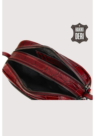 Hakiki Deri Kadın Çapraz Omuz Çantası Kırmızı Kroko Smr8975 Kırmızı Kroko
