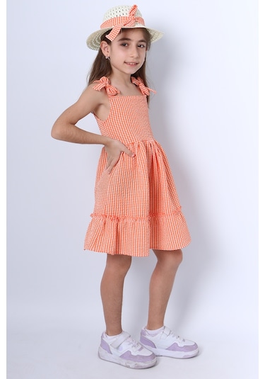 Kız Çocuk Şapkalı Elbise Kareli Fiyonklu B33 Turuncu