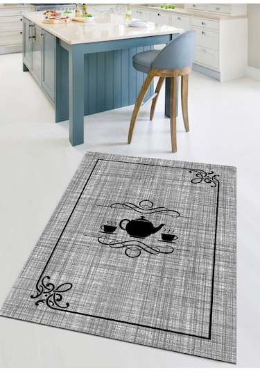 Gri Ve Somon, Kupa, Kaymaz Dökülmez Deri Taban Mutfak Halısı