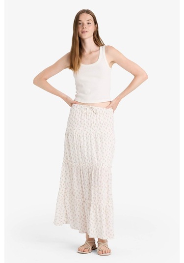 Defacto Floral Yüksek Bel Pamuk Astarlı Maxi Etek F9460ax25hswt32 Beyaz