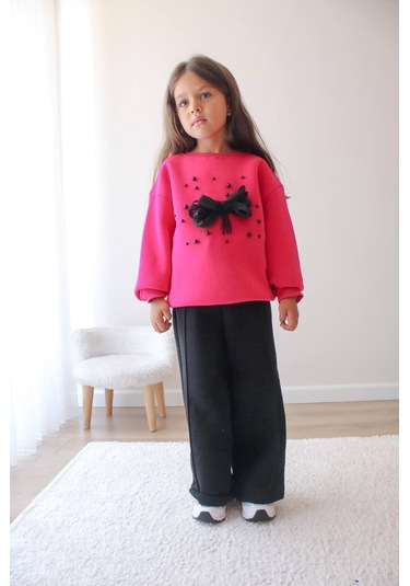 Kız Çocuk Siyah 2 Li Takım Kırmızı Organze Gül Detaylı Sweatshirt & Rahat Eşofman Takım Çingene Pembe Kız Çocuk Siyah 2 Li Takım Kırmızı Organze Gül Detaylı Sweatshirt & Rahat Eşofman Takım Çingene Pembe