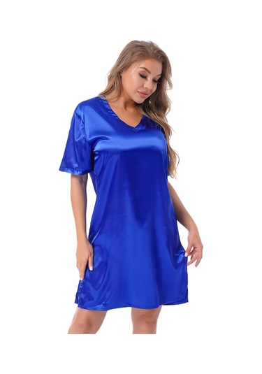 Kraliyet Mavisi Kadınlar Katı Renk Saten Gecelik Yumuşak Rahat Pijama Gecelik Kraliyet Mavisi