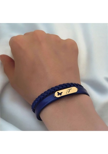 Archin T Harfine Özel 14 Ayar Altın Plakalı Lacivert Derili Kelebek Motifli Hediye Bileklik-616harf T