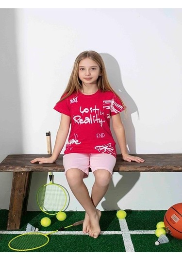Kız Çocuk Desenli Kırmızı Şortlu Pijama Takımı-1257 Kırmızı