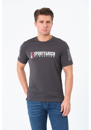 Erkek Bisiklet Yaka Basic Baskılı T-şhirt Gri
