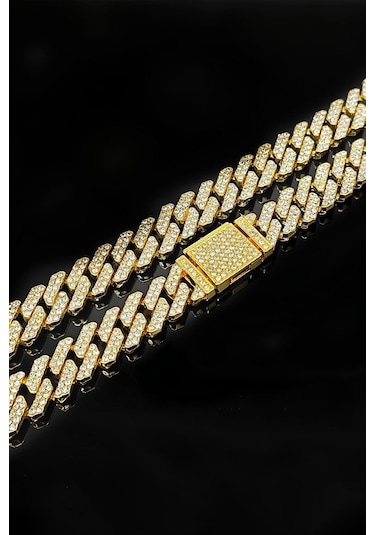 Chavin 12 Mm. Gold Kalın 60 Cm. Taşlı Alloy Erkek Zincir Eu77sr Gold