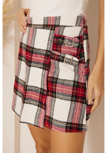Kırmızı Ekoseli Toka Detaylı Mini Etek Dm2029 Kırmızı