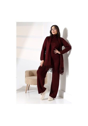 Bohem Şıklık Püskül Detaylı Üçlü Triko Takım Bordo
