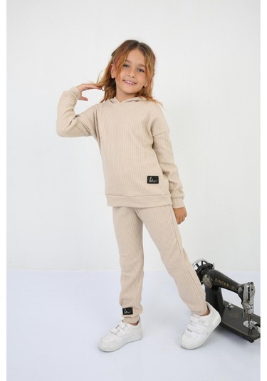 Ribana Oversize Kapüşonlu Arma Detaylı Alt Üst Takım Bej