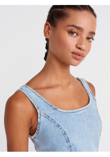 Dilvin 90565 Önü Derin Yırtmaçlı Denim Elbise-mavi Mavi