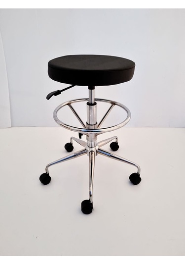Siyah Deri Tekerlekli Yüksek Bar Boy Laboratuvar Taburesi