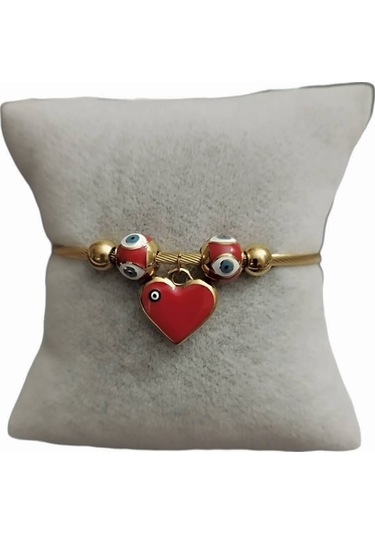 Bayan Çelik Kalp Nazar Boncuklu Gold Renk Kararmaz Mıknatıslı Kadın Bileklik Çelik