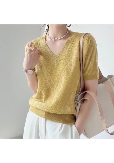 Sarı Qooth Kadın V Yaka Kısa Kollu Taban Gömlek Ofis Bayan Moda Zarif Ince Örgü Üst İlkbahar Yaz Qt2038 Sarı Sarı Qooth Kadın V Yaka Kısa Kollu Taban Gömlek Ofis Bayan Moda Zarif Ince Örgü Üst İlkbahar Yaz Qt2038 Sarı