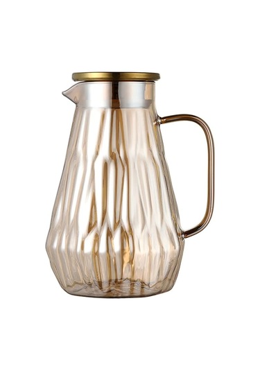 Qerhome Borosilikat Amber Cam Gold Kapaklı Sürahi 1900 Ml & 2 Adet Borosilikat Cam Kupa 450 Ml Mrc