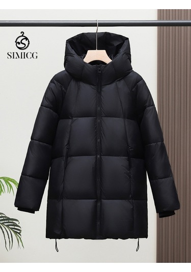 Yeni Yüksek Kaliteli, Orta Uzunlukta, Kapüşonlu, Kalınlaştırılmış Kadın Mont Siyah