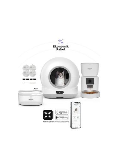 Xenon Smart Akıllı Otomatik Kameralı Kedi Tuvaleti Paslanmaz Çelik Kaseli 4lt Mama Kabı Led Işıklı Su Pınarı Ve Filtre 4'lü Pet Seti