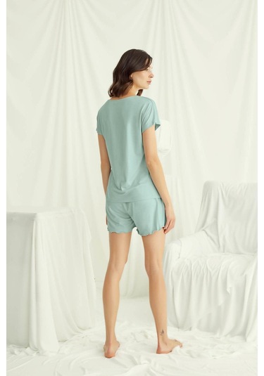 Monamise 18515 Kadın V Yaka Kısa Kollu Şortlu Pijama Takımı-açıkyeşil Açık Yeşil