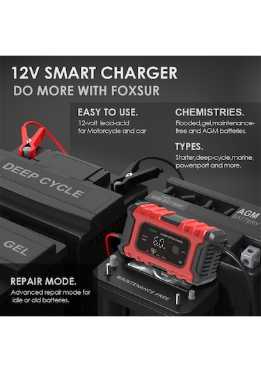 Foxsur 6a 12v Motosiklet / Araba Akıllı Akü Şarj Cihazı Kırmızı