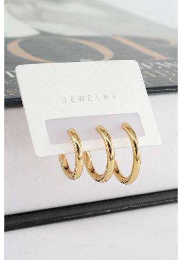 Kadın Kararmaz 316 L Çelik 3'lü Halka Set Küpe - Sarı