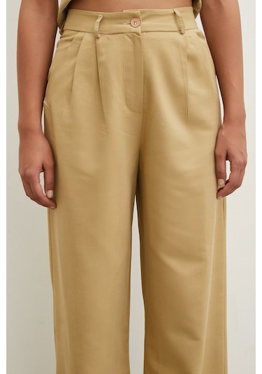 Never More Boru Paça Yüksek Bel Keten Pantolon Camel