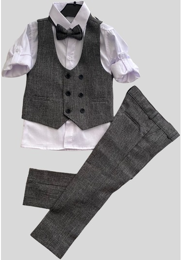 Yelekli Papyonlu Katyonik Erkek Çocuk Takım Elbise Gri