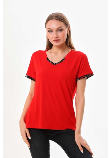 Sistas Kadın V Yaka Kısa Kol Bluz 23152 Kırmızı