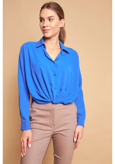 Yakalı Önü Pileli Uzun Kol Likrasız Şık Kumaş Gömlek-Saks Sax