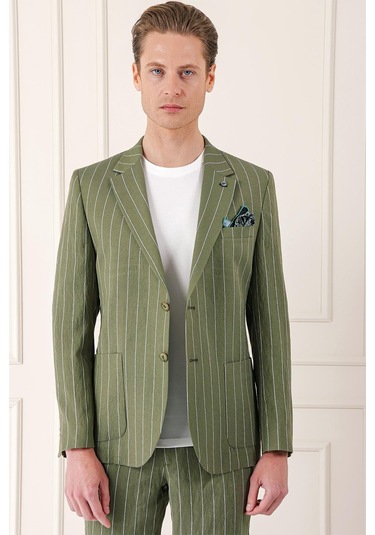 Comfort Fit Çift Yırtmaç İtalyan Çizgili Keten Casual Haki Ceket C 671 Haki