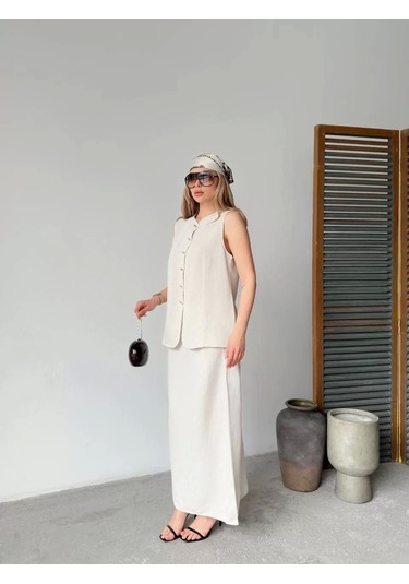 Keten Kolsuz Sıfır Yaka İlik Düğmeli Kolsuz Hırka Etek İkili Takım- Beyaz Beyaz