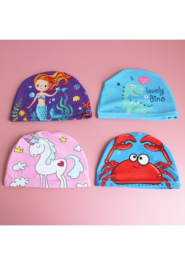 Geeroyoo Unicorn Desenli Krab Figürlü Unisex Çocuklar İçin Hafif, Dayanıklı, Konforlu Yüzme Şapkası Pembe