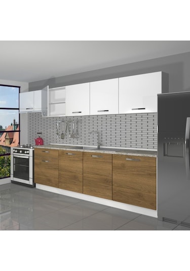 Decoraktiv Smart 280 Mdf Hazır Mutfak Dolabı - Tezgah Dahil - Pera Beyaz Beyaz - Meşe