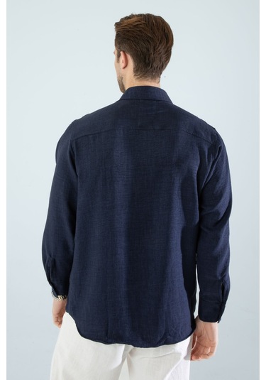 Rahat Kesim Keten Dokulu Gömlek Lacivert