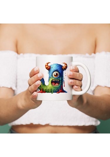 J Harfi Bardak, Sevimli Canavarlar Harflı Bardak Hediyesi Porselen Beyaz
