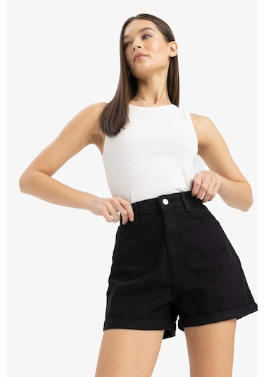 DeFacto Mom Fit Yüksek Bel Duble Paça Jean Şort E0926AX25SMNM40 Siyah