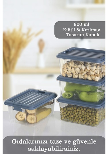 4'lü Set - 800ml Kilit Kapaklı Erzak Saklama Kabı - Difriz Buzdolabı Düzenleyici Saklama Kutusu Mavi Mavi