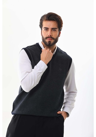 Pelikan Erkek V Yaka Desenli Süveter 7612 Füme