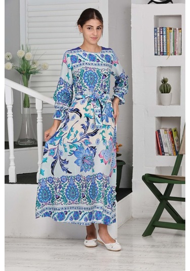 Kız Çocuk Viskon Kumaş Desenli Uzun Elbise Saks Mavi