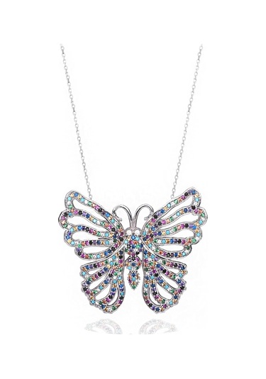 Brezza Lusso Jewelry 925 Ayar Renkli Taşlı Kelebek Kadın Gümüş Kolye (464954850) 80 CM ve Üzeri