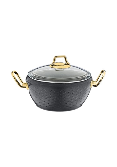 3519 - 16 Parça - Bio Granit -tencere, Tava, Düdüklü Tam Çeyiz Seti, Antrasit Gövde - Gold Detay Siyah