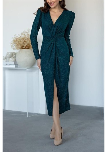 Kadın Büzgü Detaylı Simli Gece Elbisesi Dpnbmy3633 Yeşil