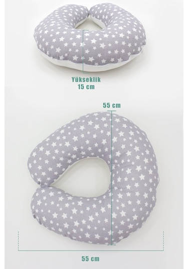 Çift Taraflı Emzirme Yastığı /bebek Destek Minderi, Hamile Yastığı, Pamuklu Kumaş, Stars Desen, Gri