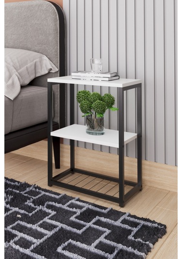 Metal Ayaklı Ve Ahşap Raflı Dekoratif Komodin Beyaz Beyaz