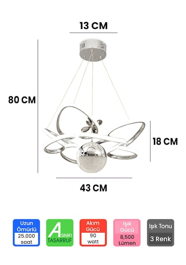 Ransom Modern 3 Renk Kumandalı Büyük Boy Toplu Salon Led Avize Krom